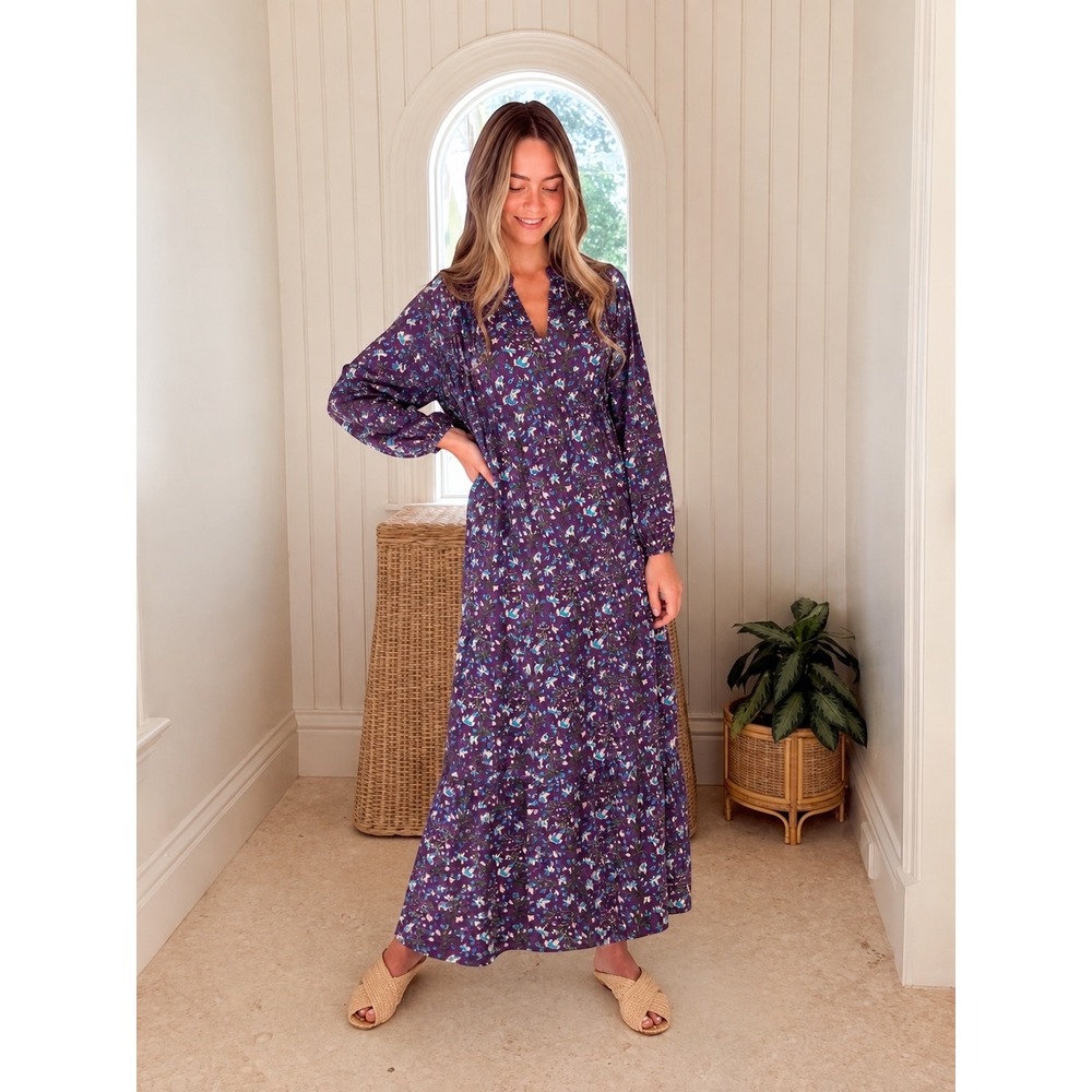 Fitzroy & Willa Purple Floral Cotton Tiered Maxi Dress V-Neck Long Sleeve Large